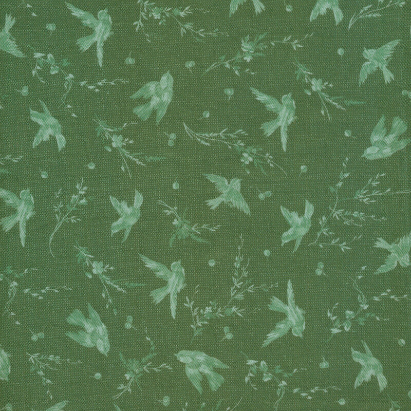 Green birds, branches, and berries on dark green fabric.