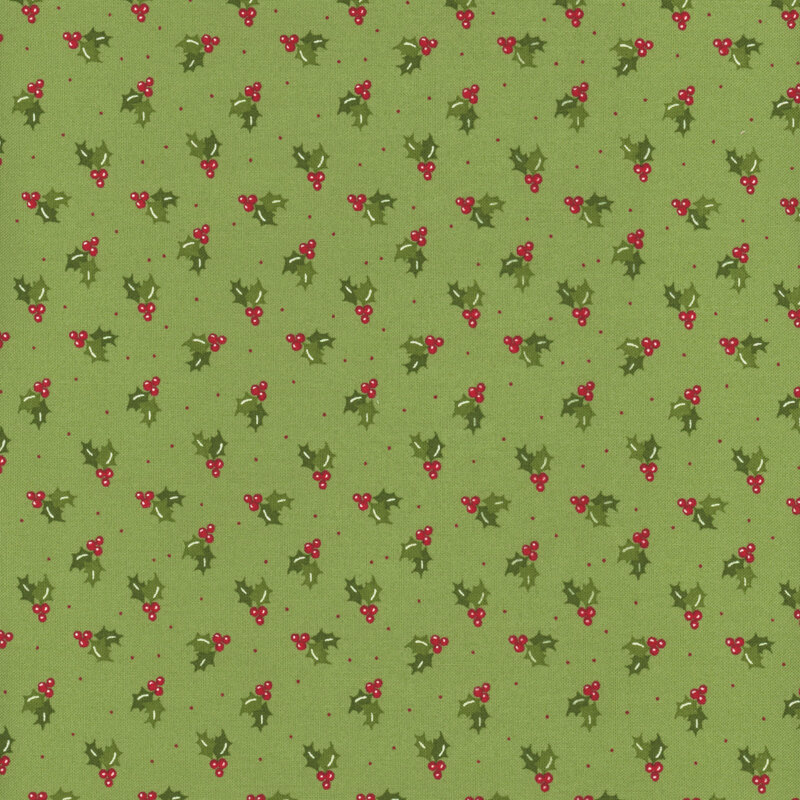 Light green fabric featuring red holly berries and leaves with small tonal dots tossed all over