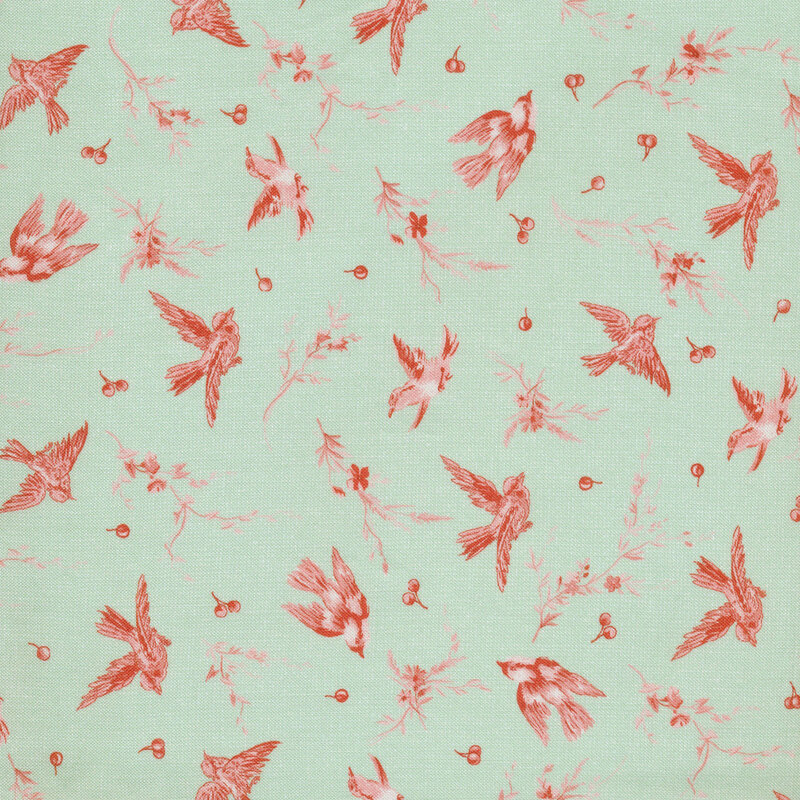 Pink birds, branches, and berries on light green fabric.