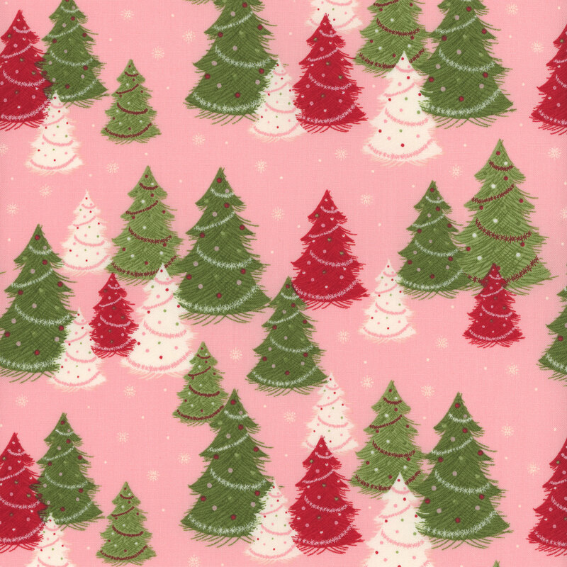 Light pink fabric with scattered green, red, and white evergreen trees with decorations like lights and garland