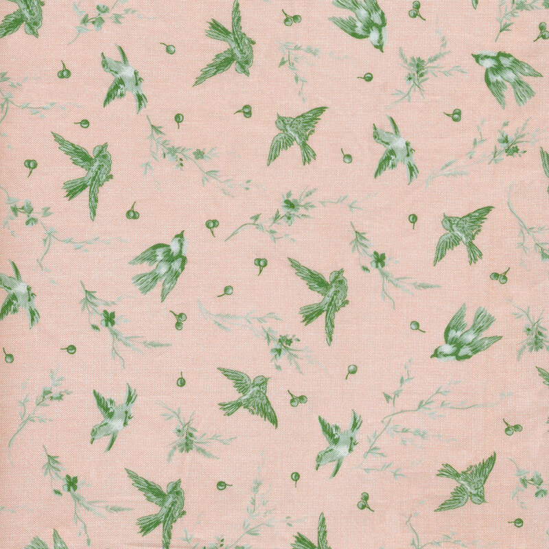 Green birds, branches, and berries on light pink fabric.