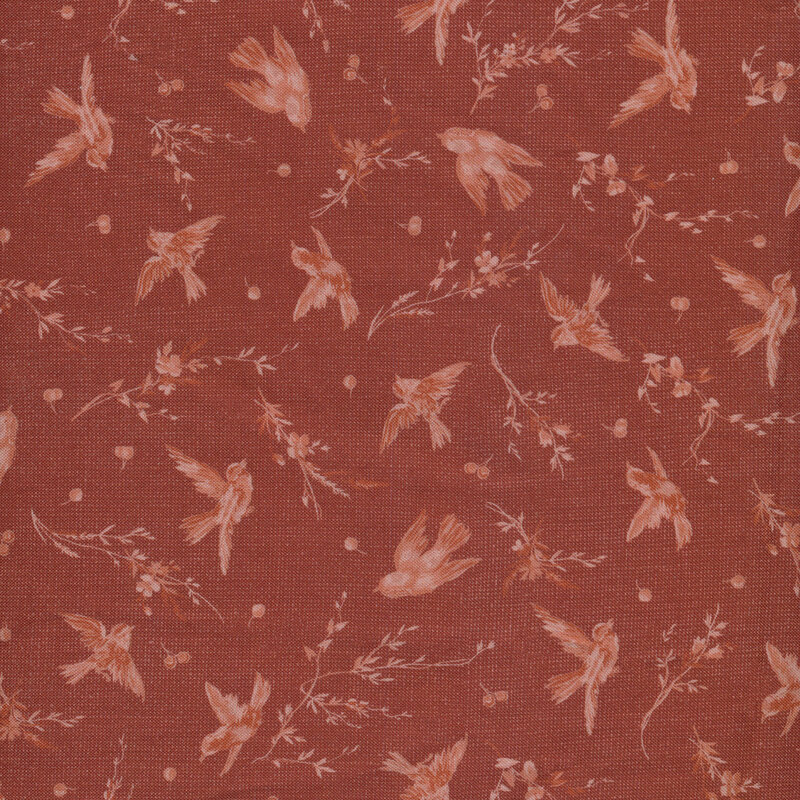 Red birds, branches, and berries on dark red fabric.
