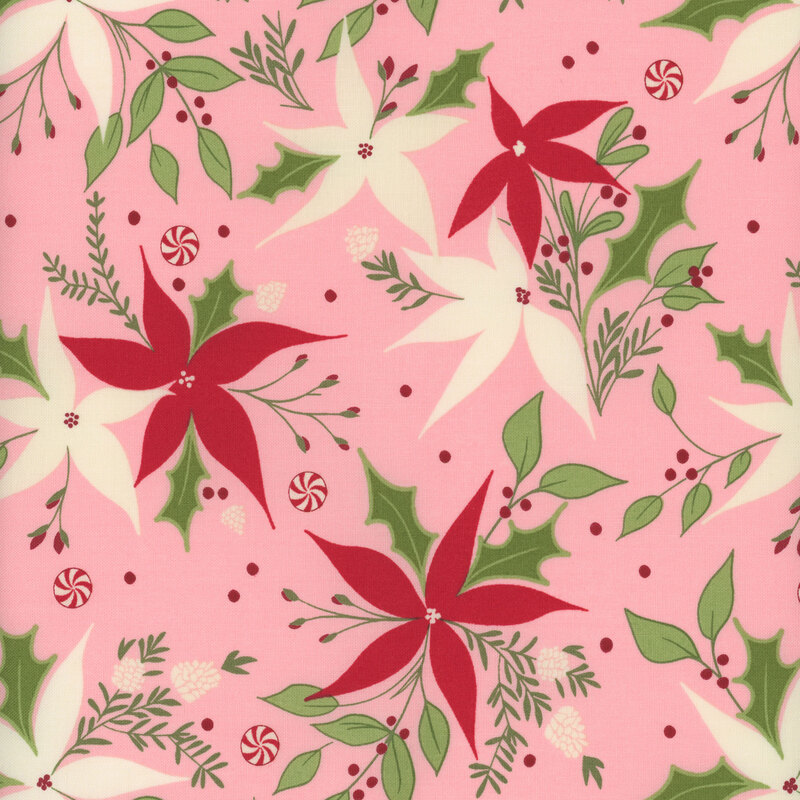 Light pink fabric with red and cream stylized poinsettias with holly leaves, berries, and peppermint candies
