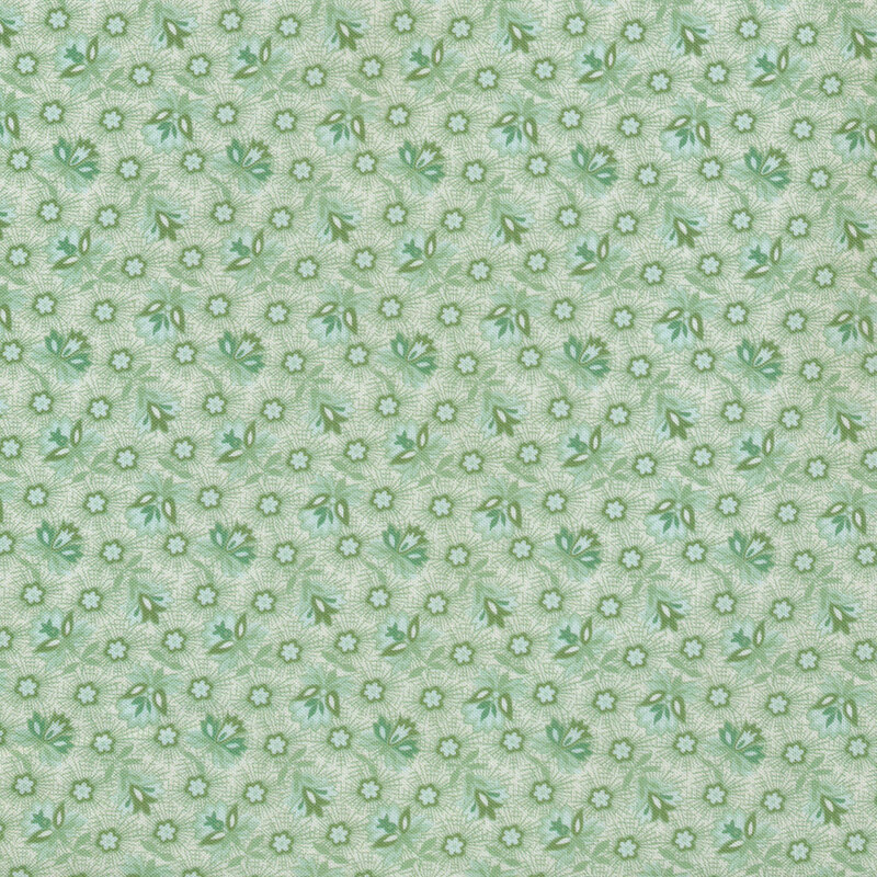 Busy green floral print fabric.
