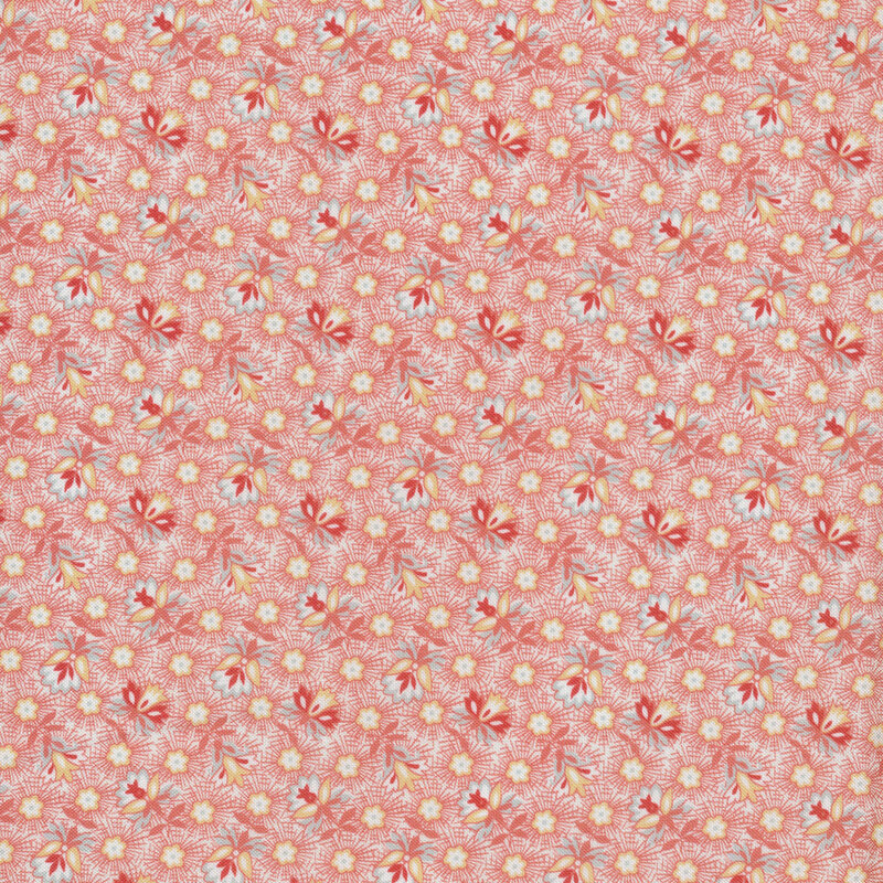 Busy pink floral print fabric.