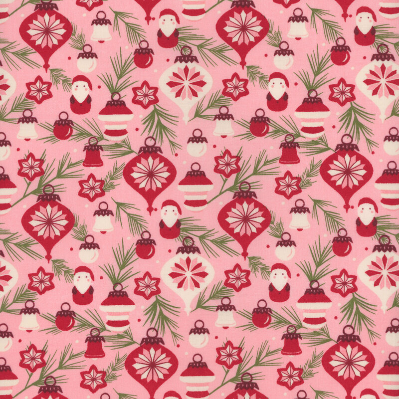 Light pink fabric with green pine branches and assorted baubles in white, pink, and red with some Santa ornaments.