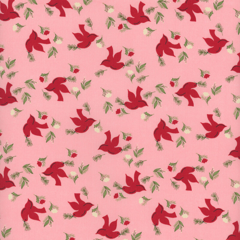 Light pink fabric featuring red birds, cream and red flowers tossed all over.