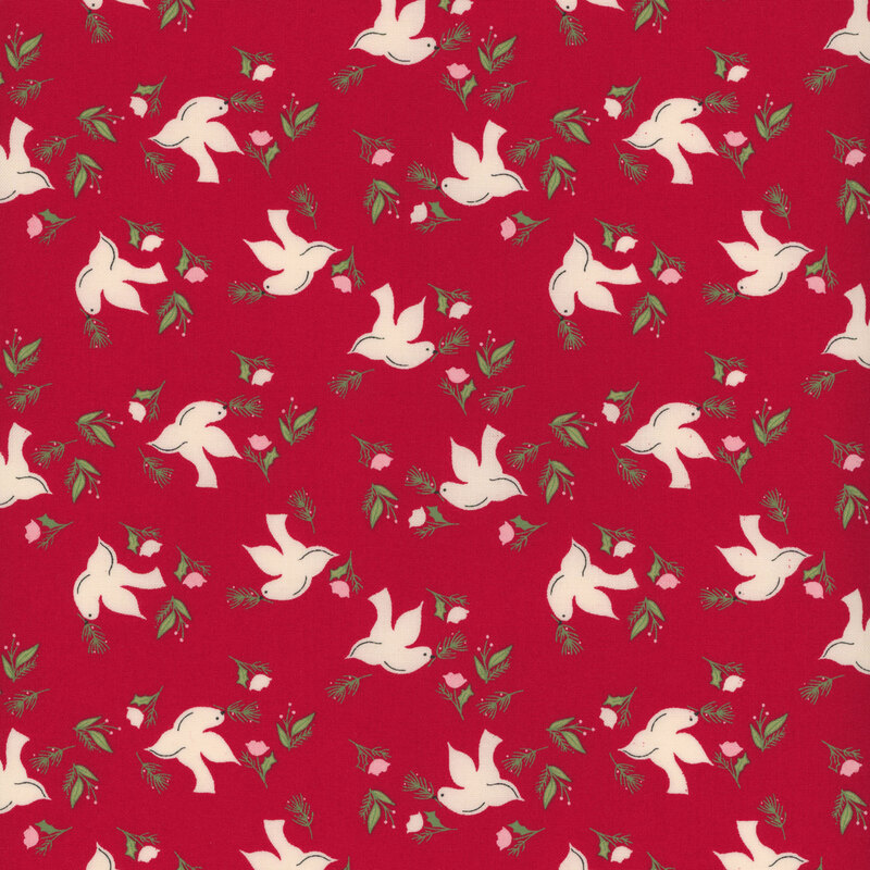 Red fabric featuring cream birds with cream and pink flowers tossed all over.