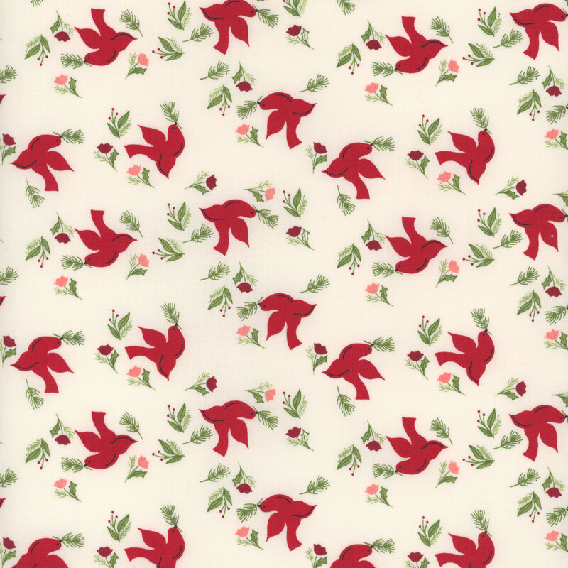 Cream fabric featuring red birds with pink and red flowers tossed all over.
