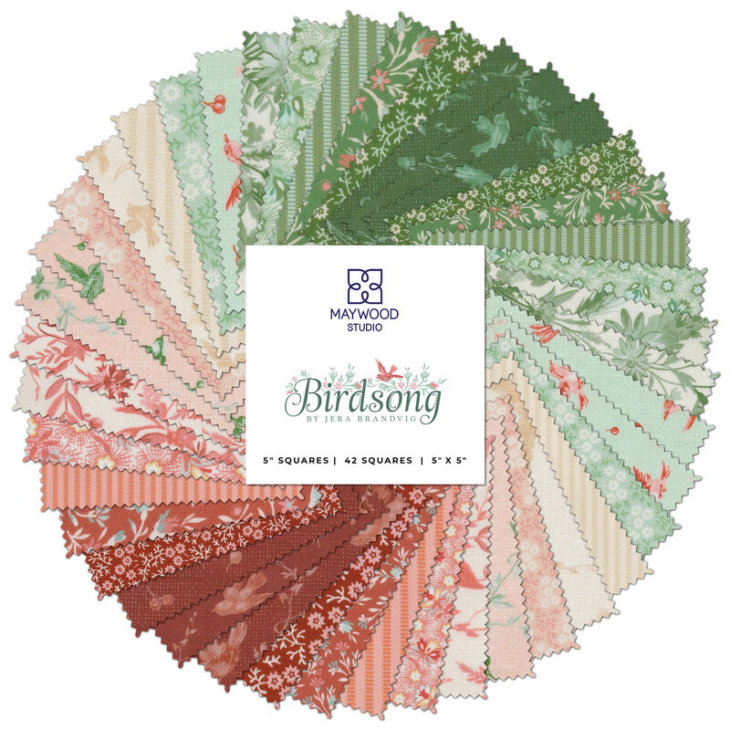 Circle of green and pink fabrics included in the Birdsong 5