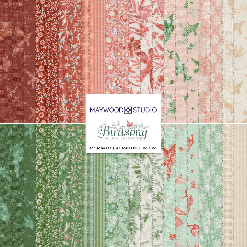 Collage of green and pink fabrics included in the Birdsong collection.