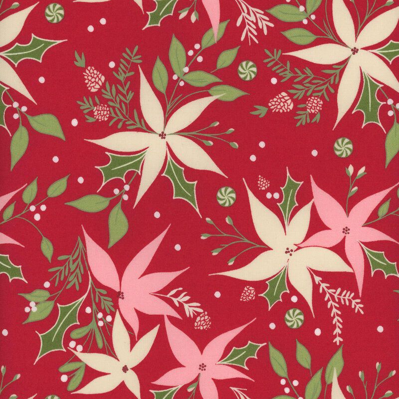 Red fabric with cream and pink stylized poinsettias with holly leaves, berries, and peppermint candies