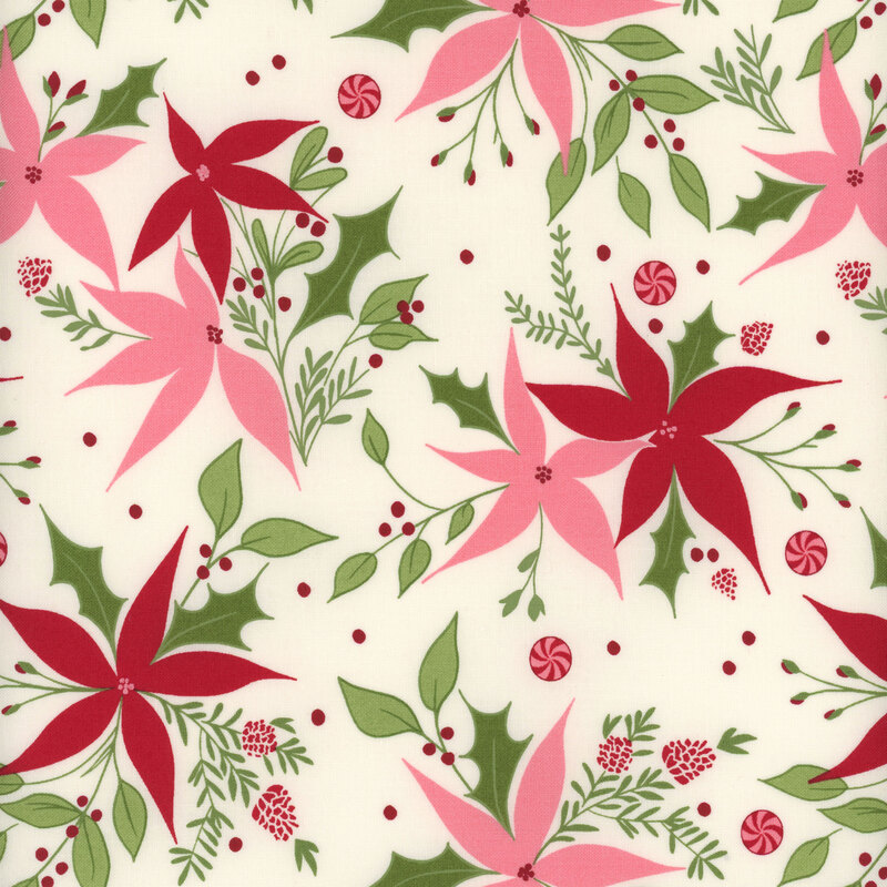 White fabric with red and pink stylized poinsettias with holly leaves, berries, and peppermint candies
