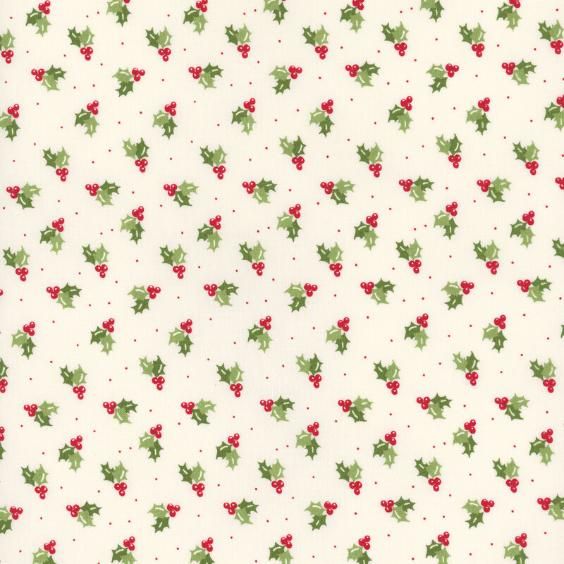 White fabric featuring red holly berries and leaves with small red dots tossed all over