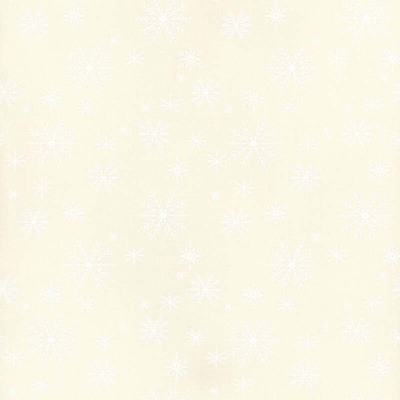 White fabric with white tonal snowflakes in varying sizes