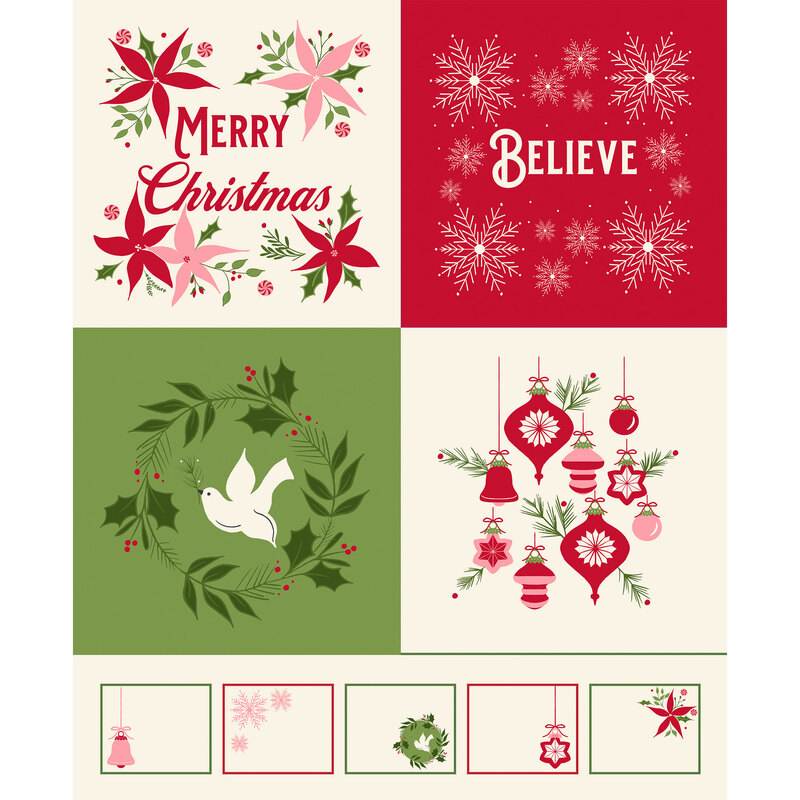 White panel with gift tags pre printed and a large square pattern with four quadrants in different colors with festive motifs and words