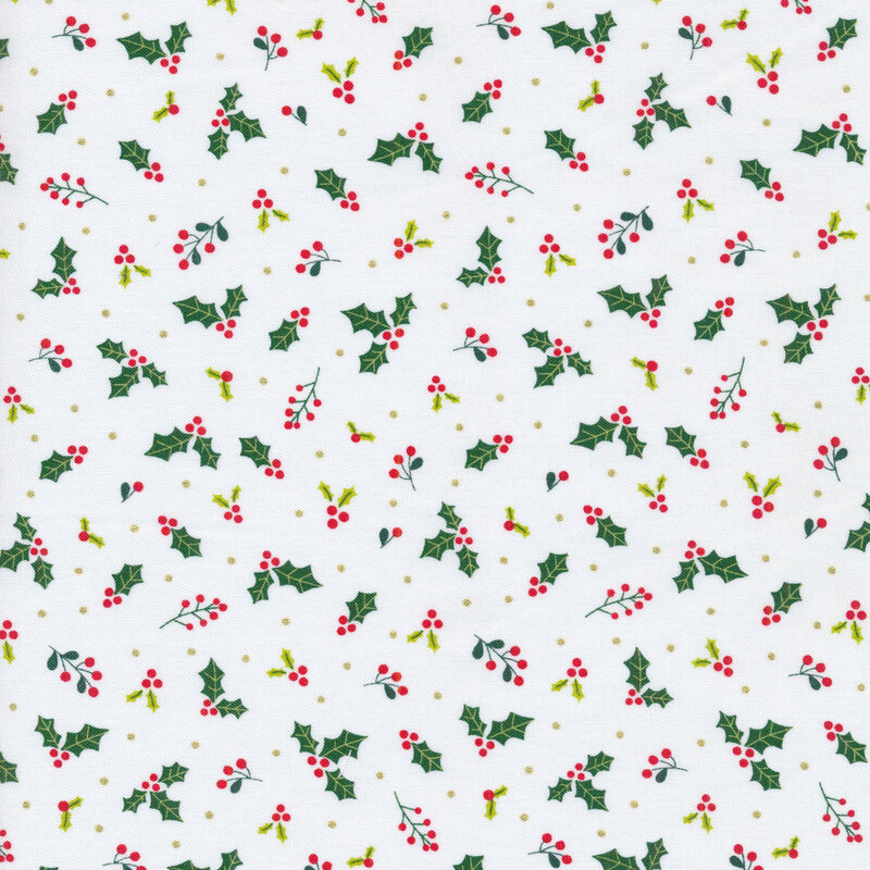 Small green holly leaves and bright red berries, with metallic gold accents on white fabric.
