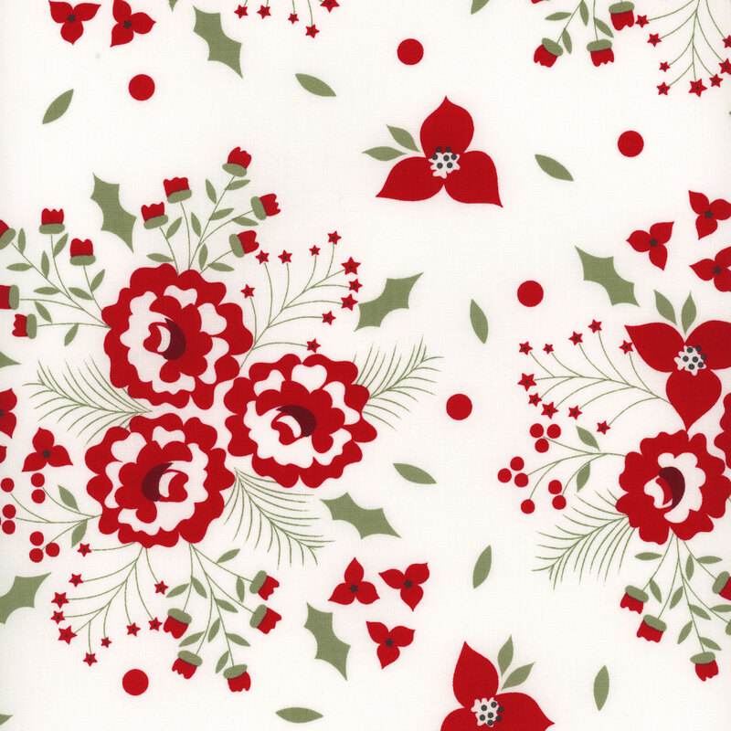 White fabric with stylized red flowers in clusters with green foliage like holly leaves and berries