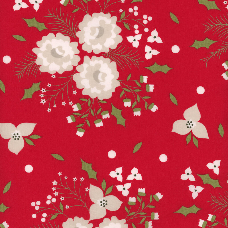 Red fabric with stylized cream flowers in clusters with green foliage like holly leaves and berries