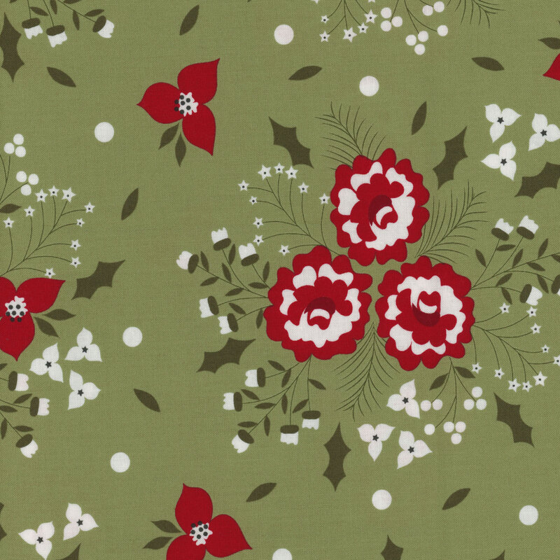 Green fabric with stylized red and white flowers in clusters with green foliage like holly leaves and berries
