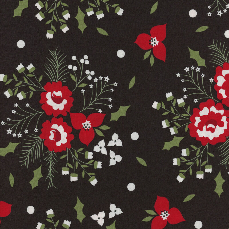 Black fabric with stylized red and white flowers in clusters with green foliage like holly leaves and berries