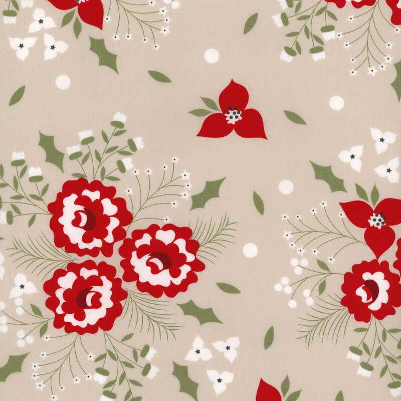Gray/Taupe fabric with stylized red and white flowers in clusters with green foliage like holly leaves and berries