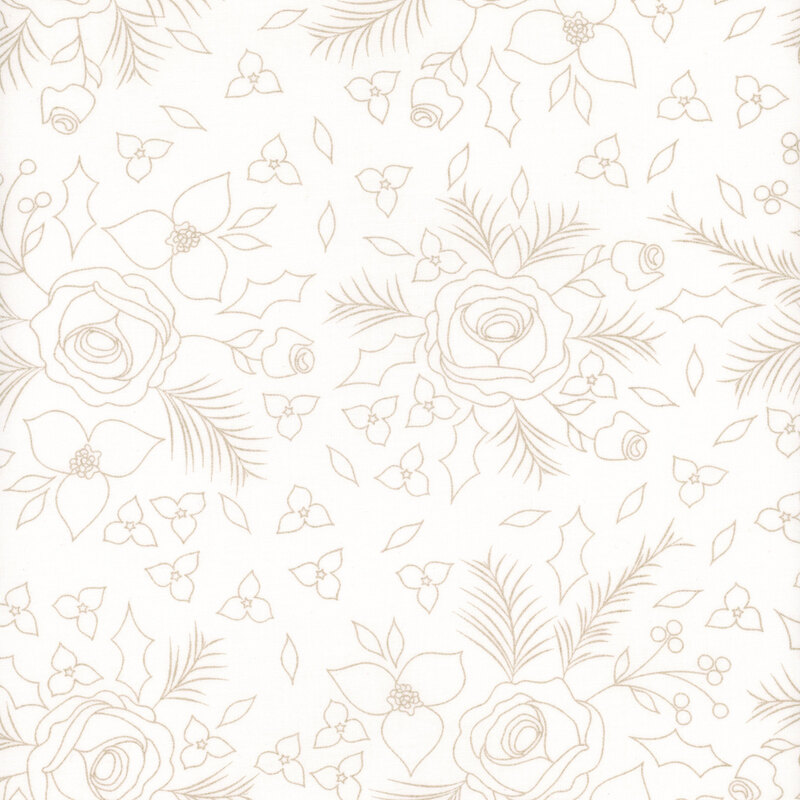 Taupe line art of clusters of roses and poinsettias on white fabric