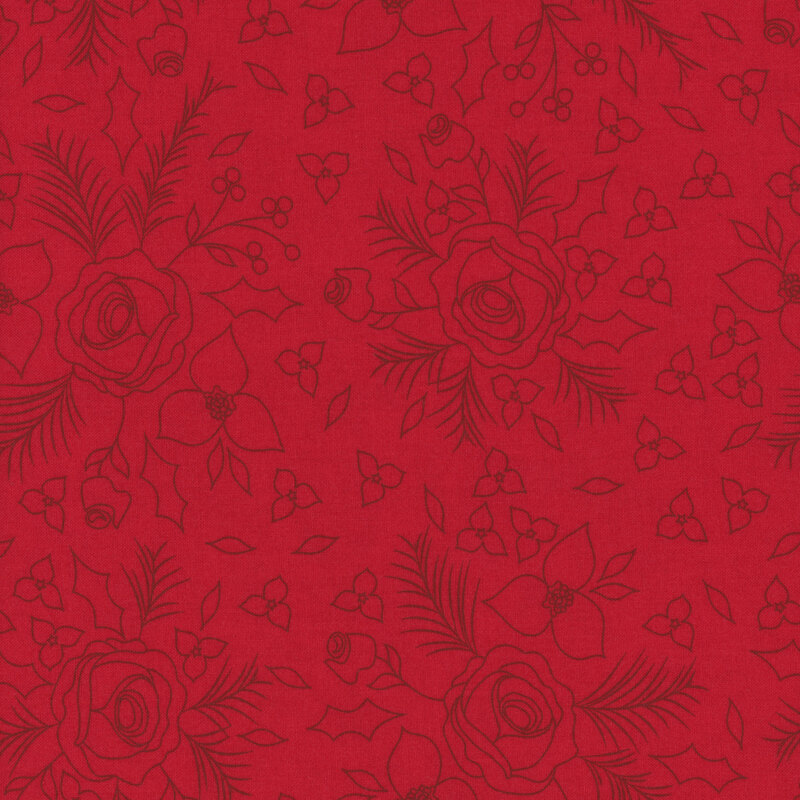 Dark red line art of clusters of roses and poinsettias on red fabric