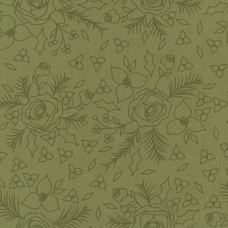 Dark green line art of clusters of roses and poinsettias on green fabric