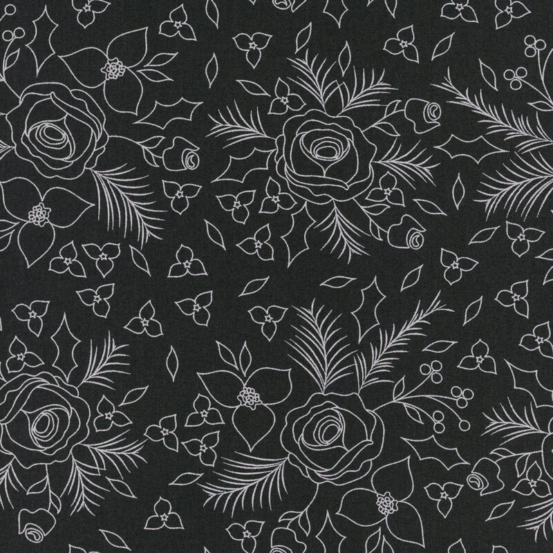 White line art of clusters of roses and poinsettias on black fabric