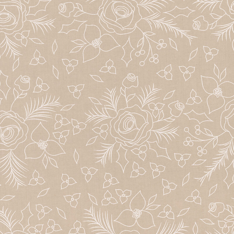 White line art of clusters of roses and poinsettias on taupe fabric
