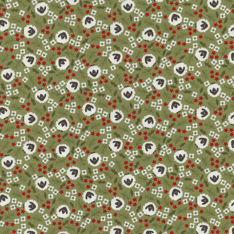 Green fabric with clusters of white flowers and red stars with stylized white and gray sheep