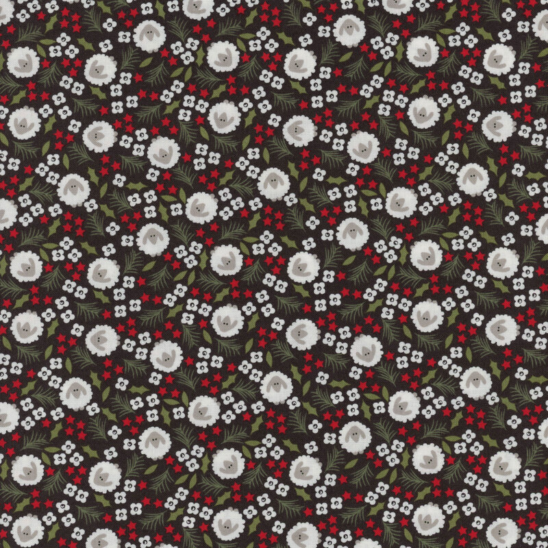 Black fabric with clusters of white flowers and red stars and stylized white and gray sheep