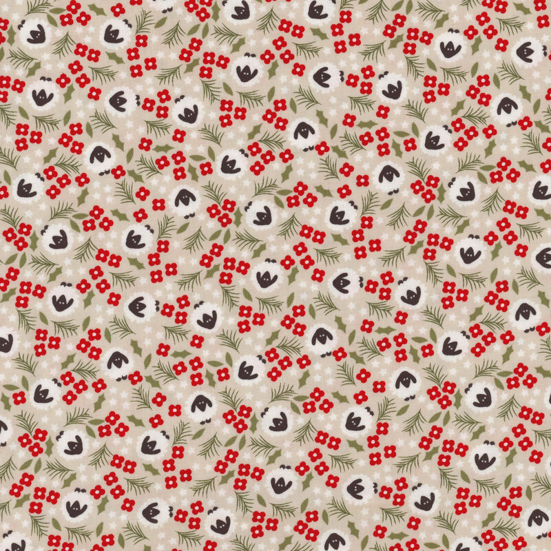 Taupe fabric with clusters of white stars and red flowers with stylized white and gray sheep