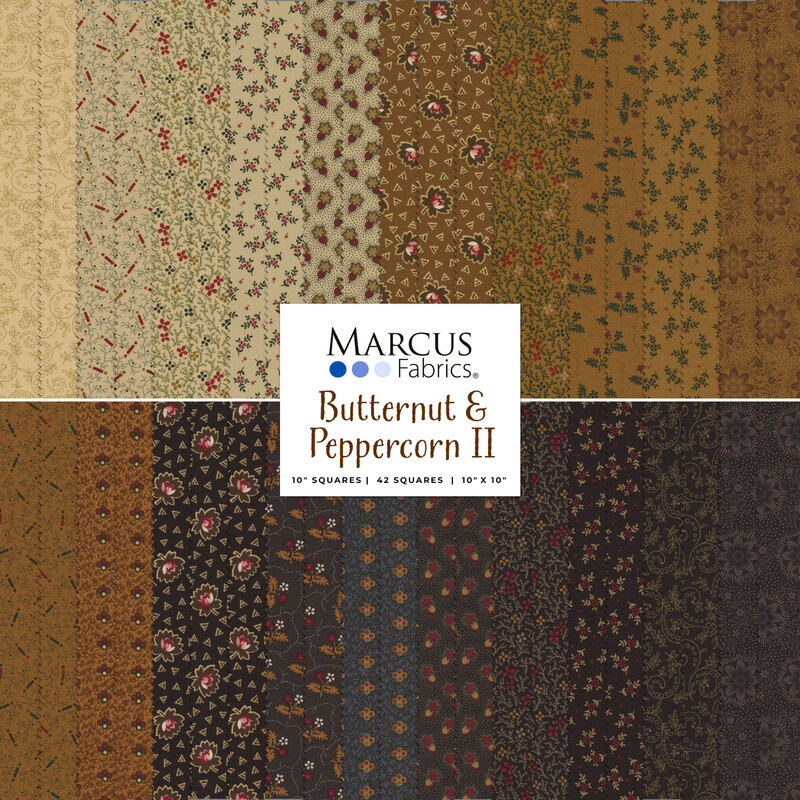A collage of cream, tan, dark brown, and black fabrics in the Butternut & Peppercorn II 10