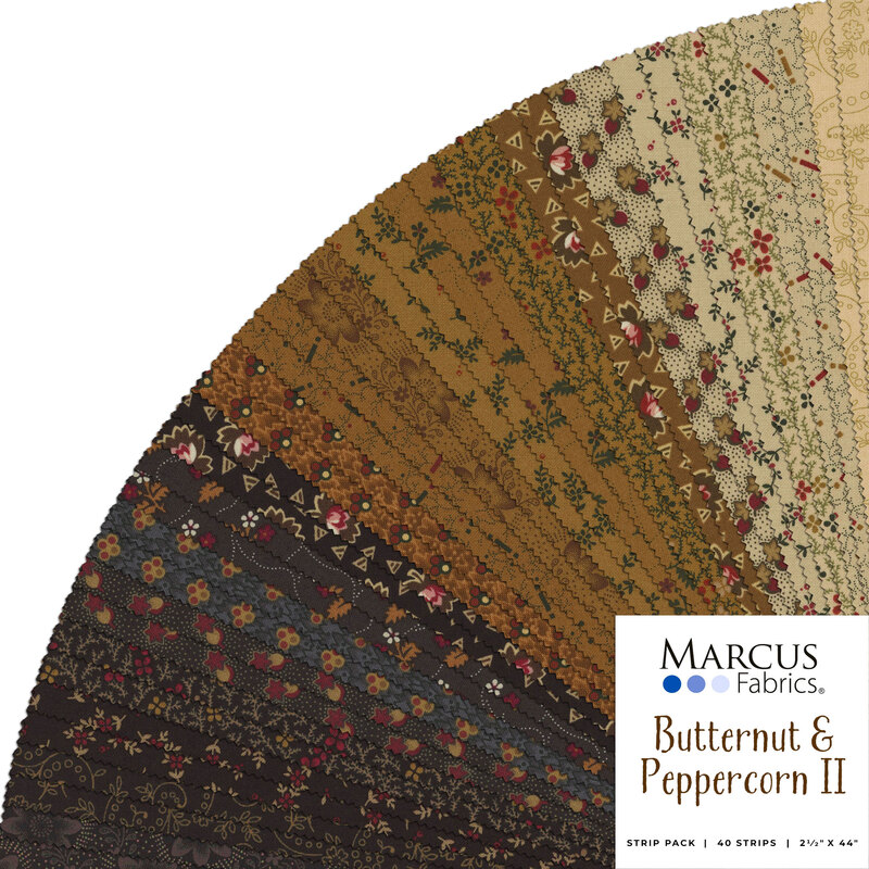 A collage of cream, tan, dark brown, and black fabrics in the Butternut & Peppercorn II 2.5