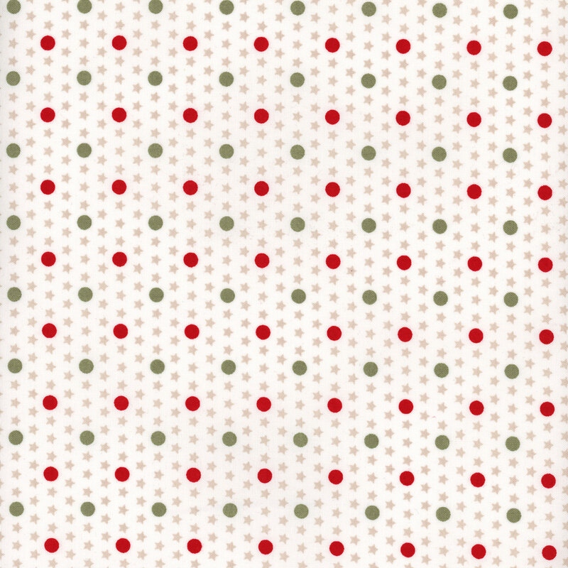 White fabric with red and green polka dots with taupe stars in the background