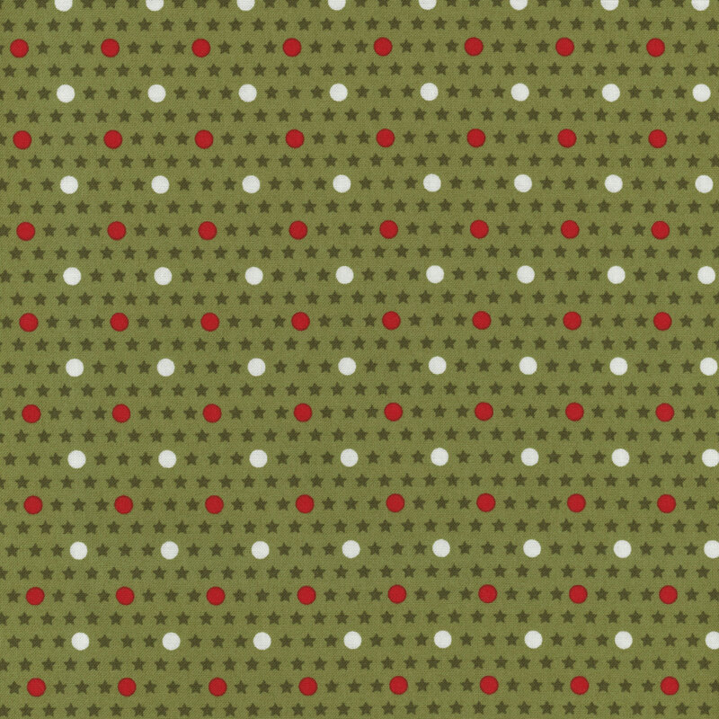 Green fabric with red and cream polka dots with dark green stars in the background