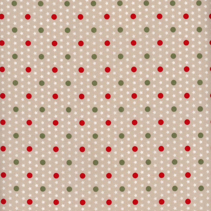 Taupe fabric with red and green polka dots with cream stars in the background