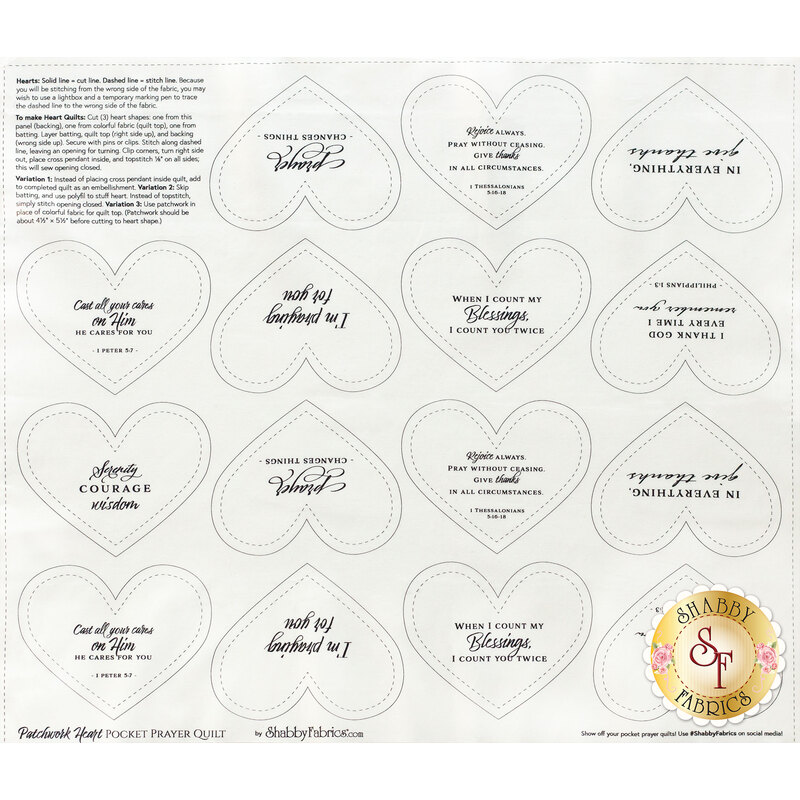 Natural white fabric panel with 15 prayer hearts with different prayers 
