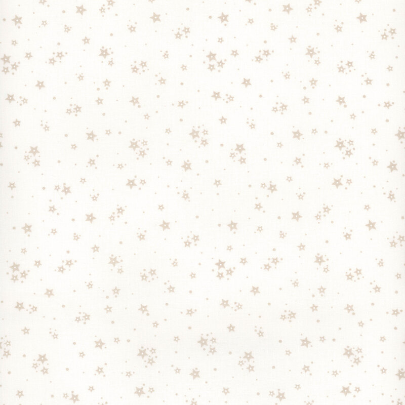 White fabric with clusters of taupe stars with tiny dots scattered in the background