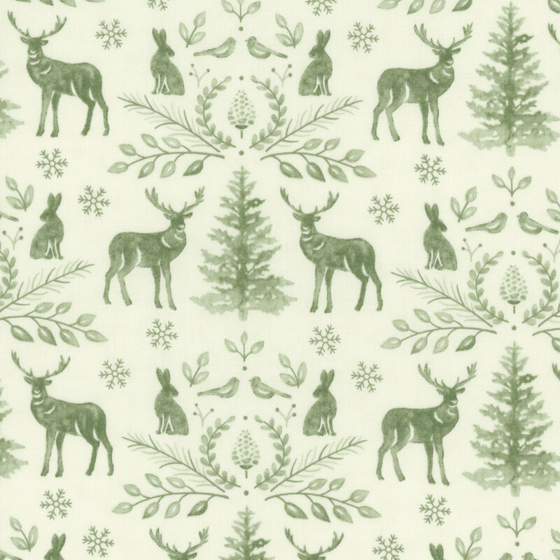 lovely cream fabric with green watercolor woodland motifs, including deer, rabbits, birds, snowflakes, and pine trees
