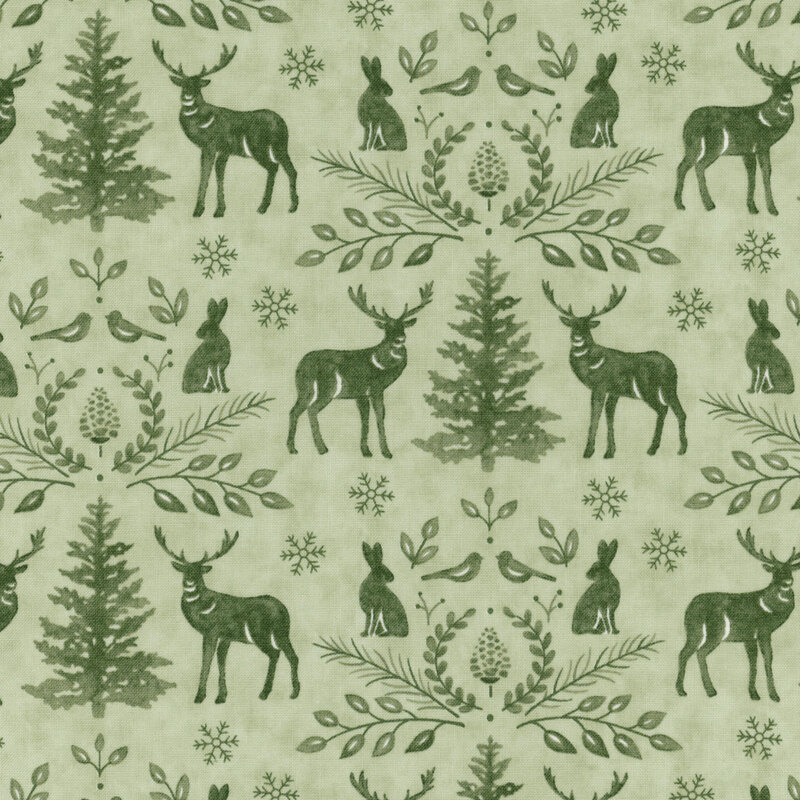 lovely sage green fabric with forest green watercolor woodland motifs, including deer, rabbits, birds, snowflakes, and pine trees