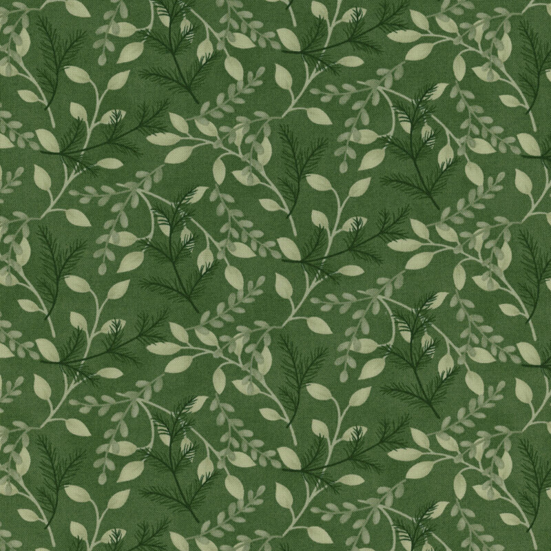 beautiful green fabric with scattered tonal branches and fir boughs
