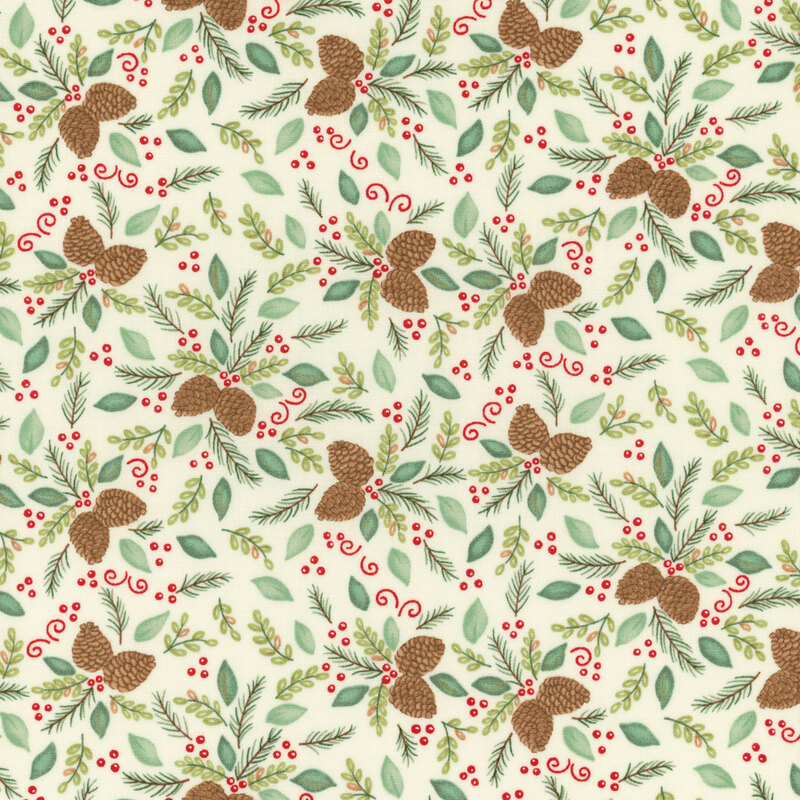 gorgeous white fabric with scattered pinecones, leaves, fir boughs, and holly berries