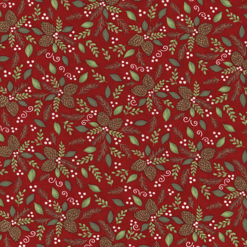 gorgeous red fabric with scattered pinecones, leaves, fir boughs, and white holly berries