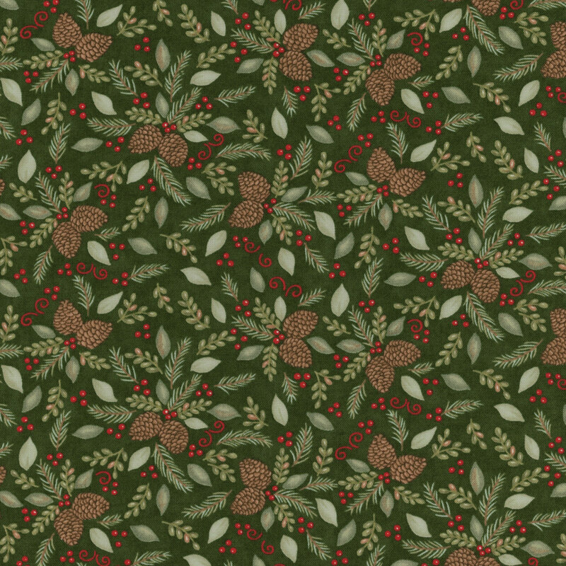 gorgeous pine green fabric with scattered pinecones, leaves, fir boughs, and holly berries