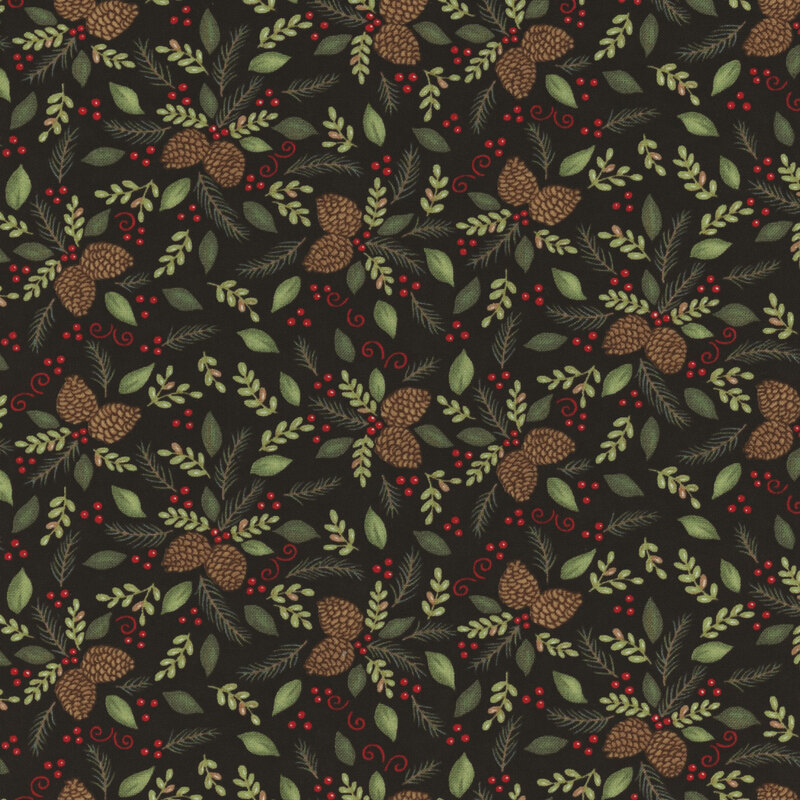 gorgeous black fabric with scattered pinecones, leaves, fir boughs, and holly berries