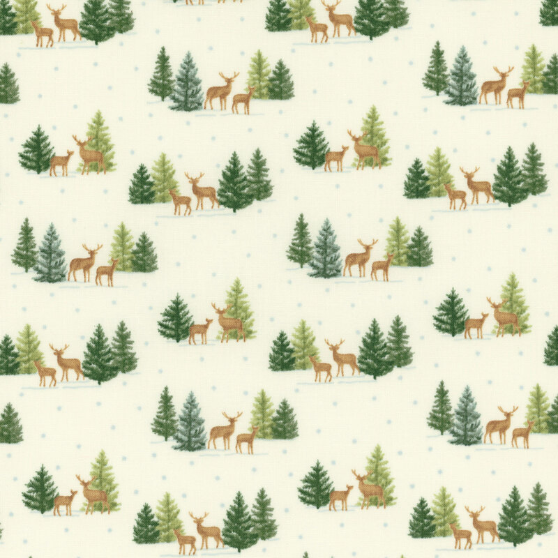 lovely white fabric with little scenes of deer standing amidst fir trees