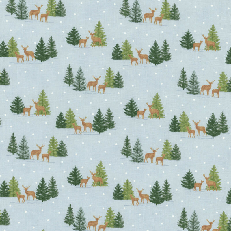 lovely light blue fabric with little scenes of deer standing amidst fir trees